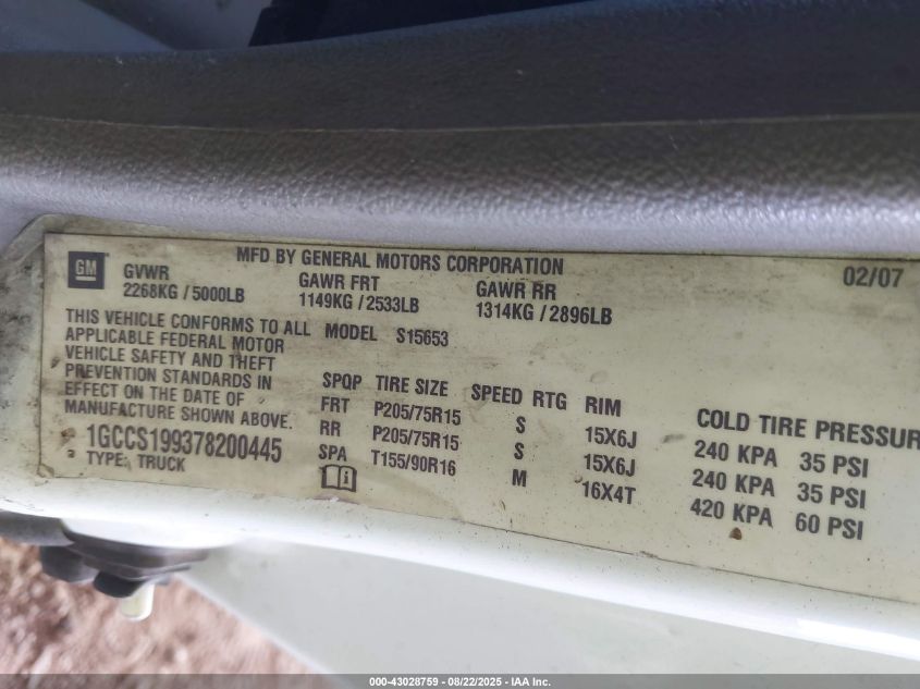 2007 Chevrolet Colorado Work Truck VIN: 1GCCS199378200445 Lot: 43028759