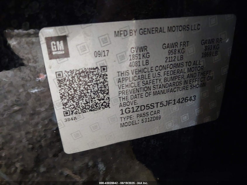 2018 Chevrolet Malibu Lt VIN: 1G1ZD5ST5JF142643 Lot: 43028842