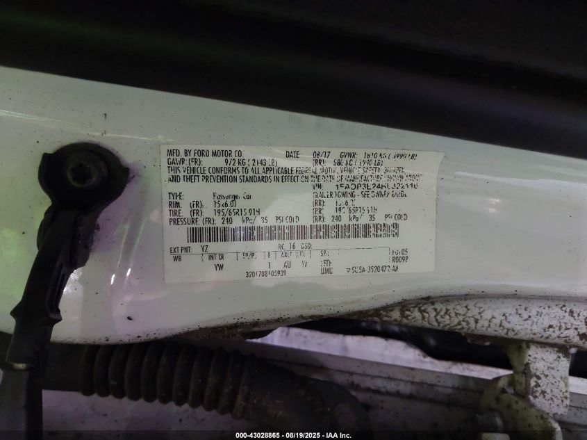 2017 Ford Focus S VIN: 1FADP3E24HL322116 Lot: 43028865