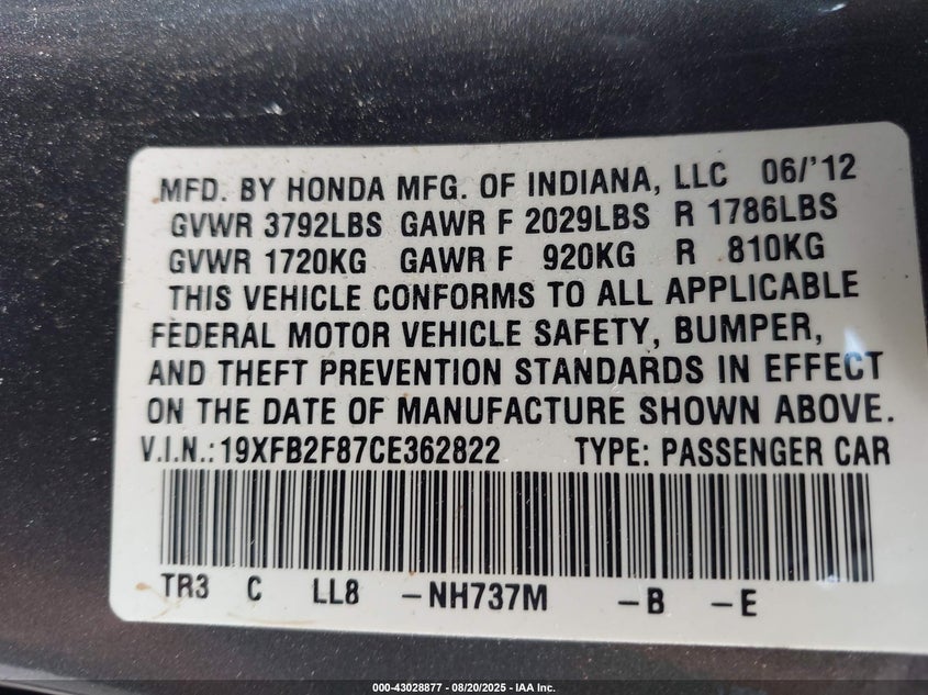 2012 Honda Civic Ex VIN: 19XFB2F87CE362822 Lot: 43028877