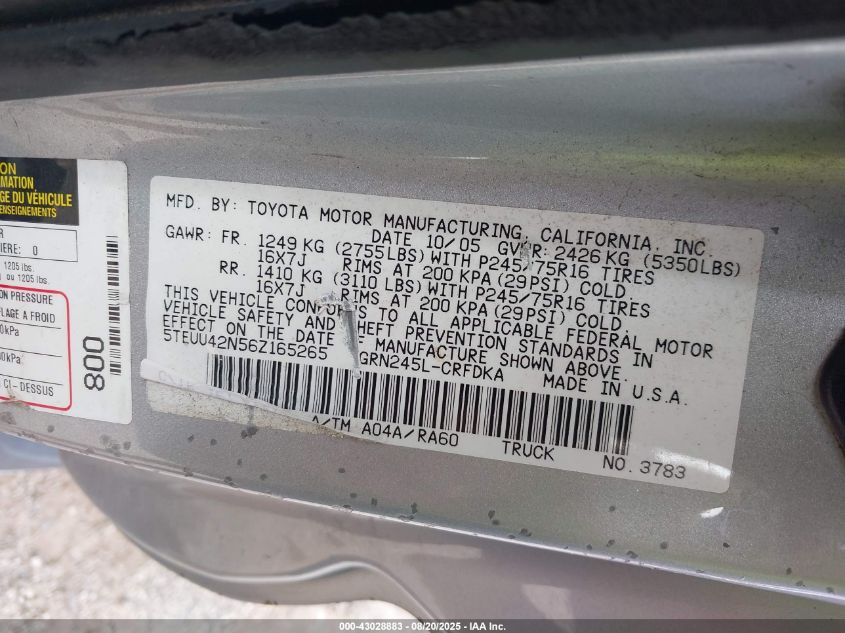 2006 Toyota Tacoma Access Cab VIN: 5TEUU42N56Z165265 Lot: 43028883