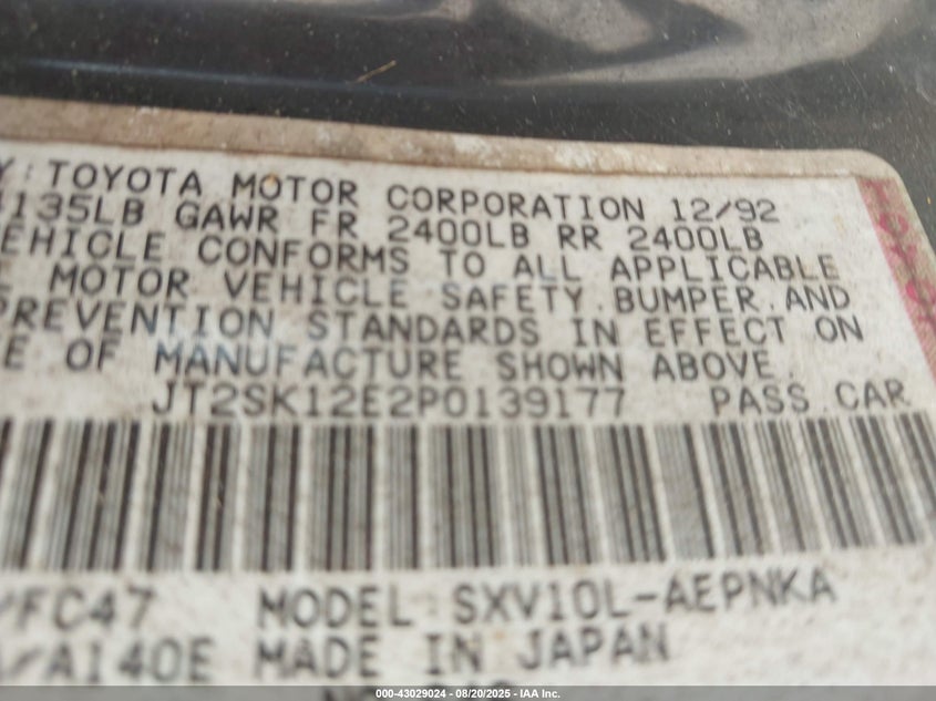 1993 Toyota Camry Le VIN: JT2SK12E2P0139177 Lot: 43029024