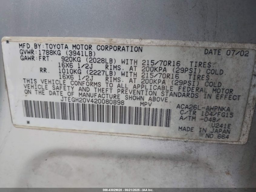 2002 Toyota Rav4 VIN: JTEGH20V420080898 Lot: 43029028