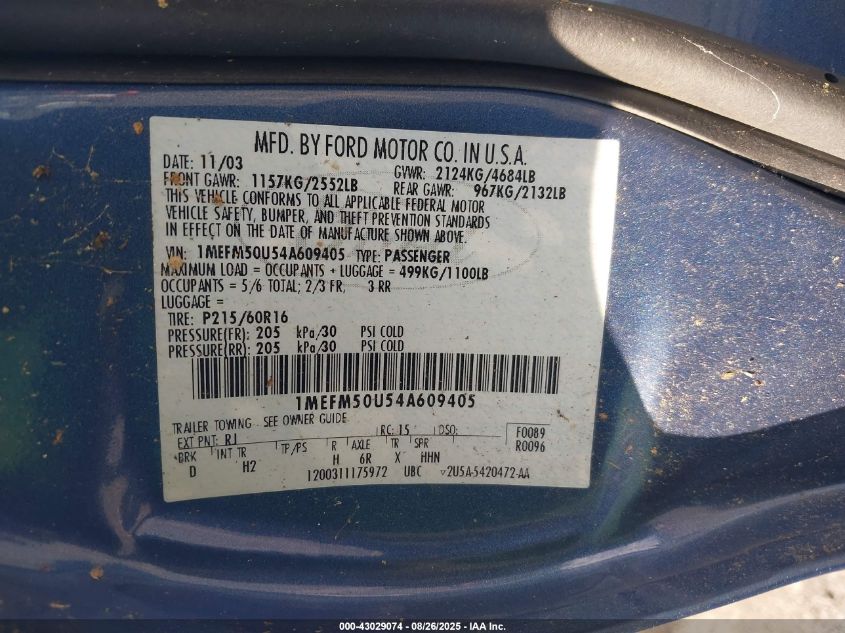 2004 Mercury Sable Gs VIN: 1MEFM50U54A609405 Lot: 43029074