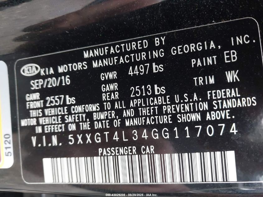 2016 Kia Optima Lx VIN: 5XXGT4L34GG117074 Lot: 43029208