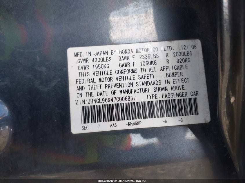 2007 Acura Tsx VIN: JH4CL96947C006857 Lot: 43029262