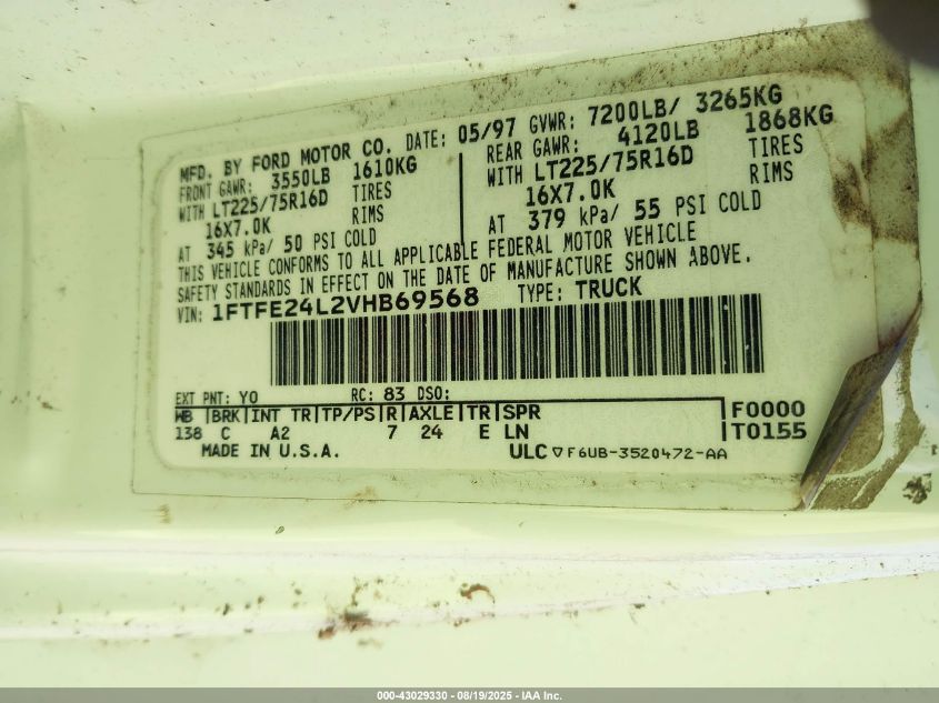 1997 Ford E-250 Standard VIN: 1FTFE24L2VHB69568 Lot: 43029330