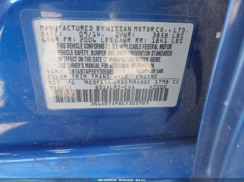 2014 Nissan Sentra Sr VIN: 3N1AB7AP8EY305989 Lot: 43029336