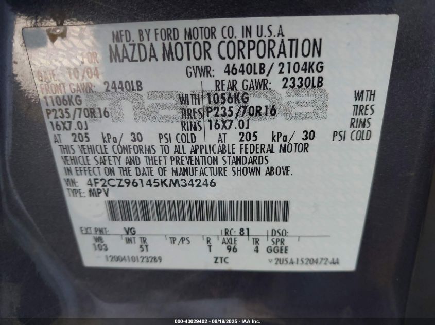 2005 Mazda Tribute S VIN: 4F2CZ96145KM34246 Lot: 43029402