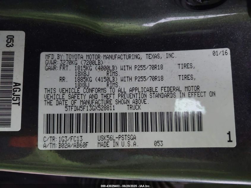 2016 Toyota Tundra Sr5 5.7L V8 VIN: 5TFDW5F13GX528811 Lot: 43029403