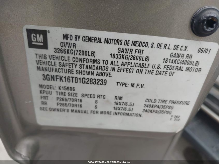 2001 Chevrolet Suburban 1500 Lt VIN: 3GNFK16T01G283239 Lot: 43029406