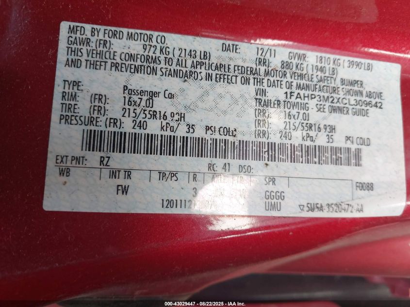 2012 Ford Focus Sel VIN: 1FAHP3M2XCL309642 Lot: 43029447