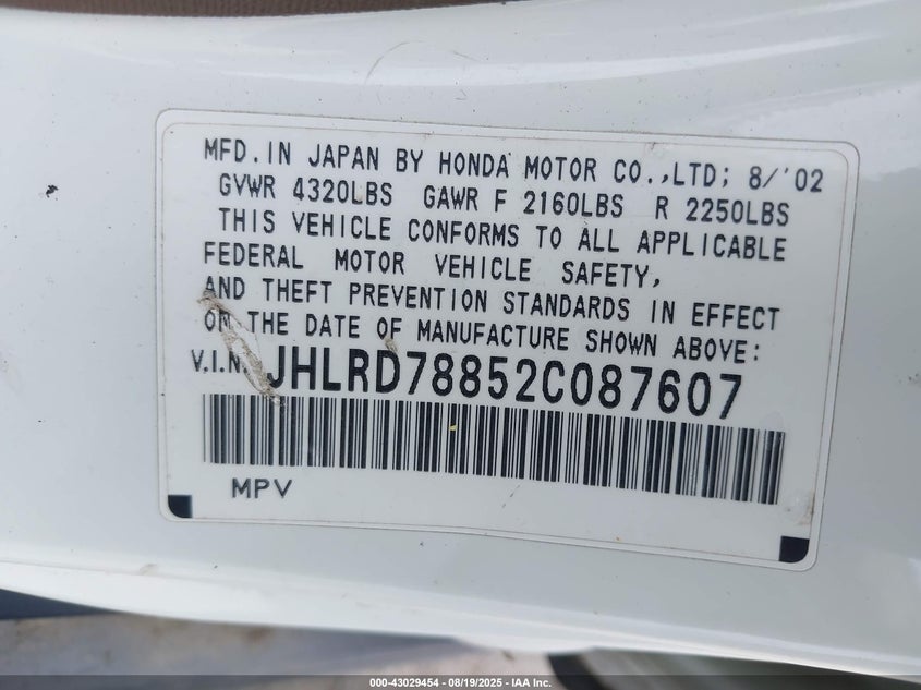 2002 Honda Cr-V Ex VIN: JHLRD78852C087607 Lot: 43029454