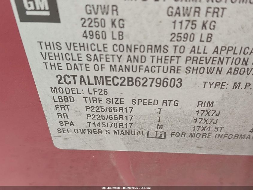 2011 GMC Terrain Sle-1 VIN: 2CTALMEC2B6279603 Lot: 43029530