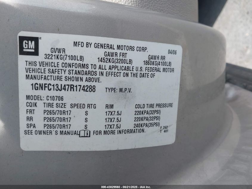 2007 Chevrolet Tahoe Lt VIN: 1GNFC13J47R174288 Lot: 43029560