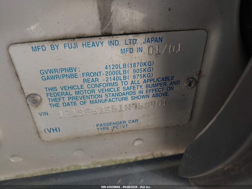 2001 Subaru Forester L VIN: JF1SF63561H768401 Lot: 43029666