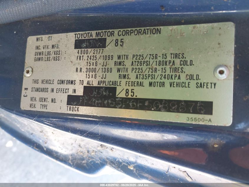1985 Toyota Pickup Rn65 Dlx VIN: JT4RN65P6F5089876 Lot: 43029702