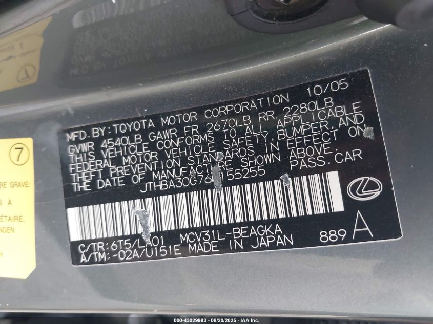 2006 Lexus Es 330 VIN: JTHBA30G765155255 Lot: 43029983