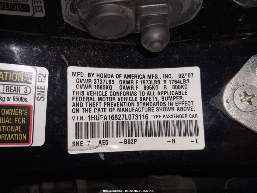 2007 Honda Civic Ex VIN: 1HGFA16827L073116 Lot: 43030056