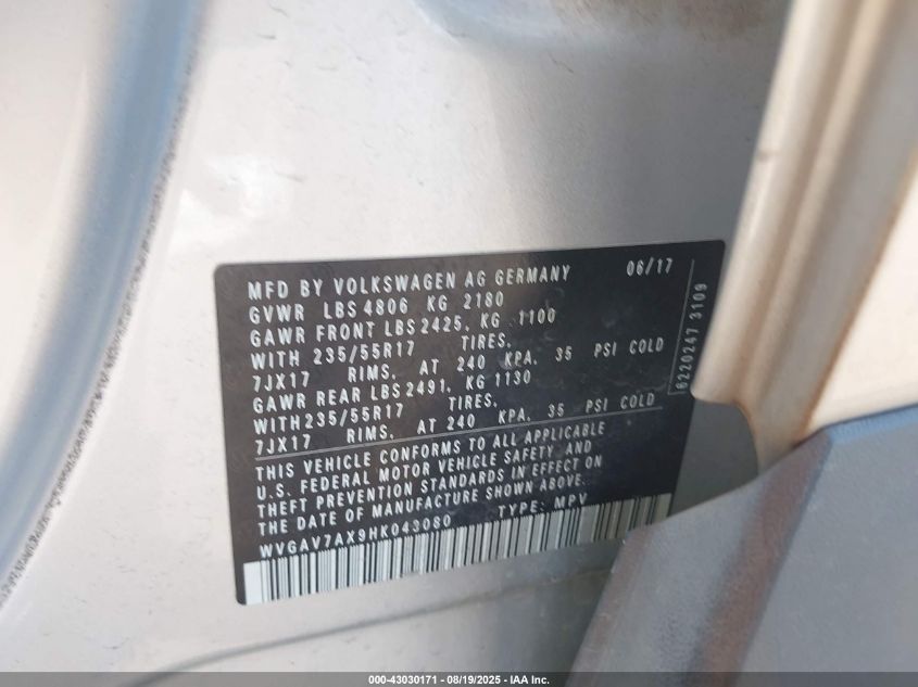 2017 Volkswagen Tiguan 2.0T/2.0T S VIN: WVGAV7AX9HK043080 Lot: 43030171