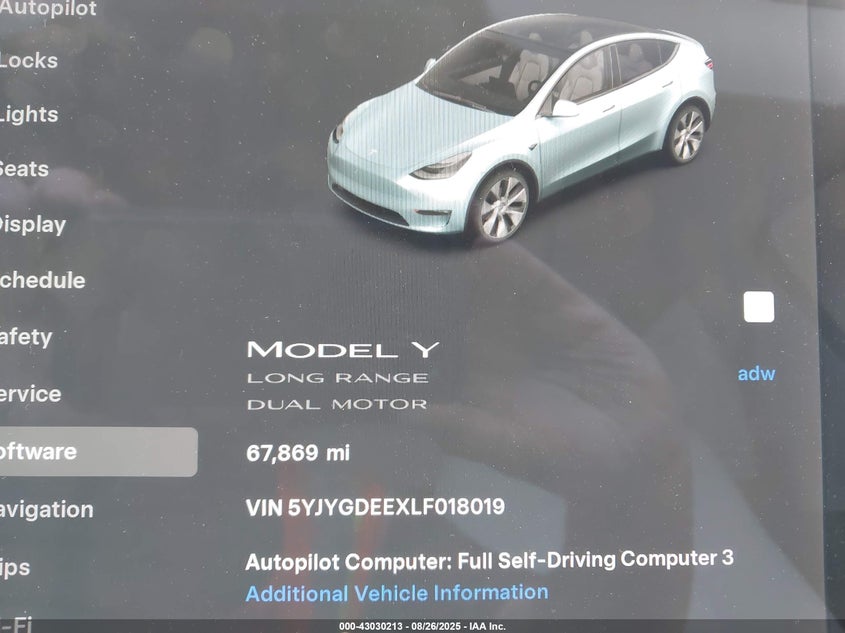2020 Tesla Model Y Long Range Dual Motor All-Wheel Drive VIN: 5YJYGDEEXLF018019 Lot: 43030213