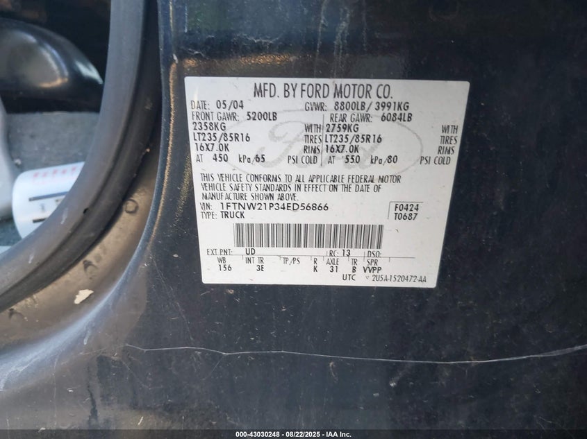2004 Ford F-250 Lariat/Xl/Xlt VIN: 1FTNW21P34ED56866 Lot: 43030248