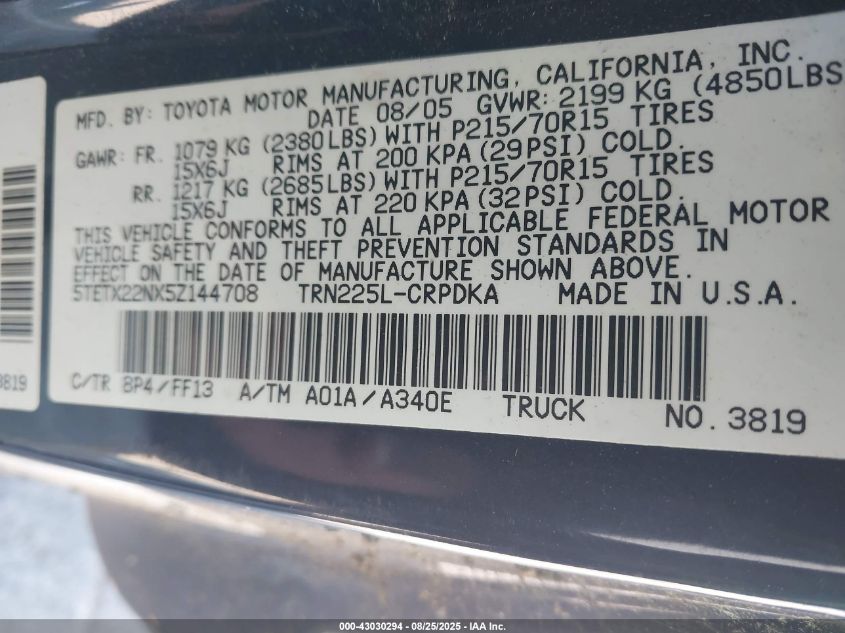 2005 Toyota Tacoma Access Cab VIN: 5TETX22NX5Z144708 Lot: 43030294