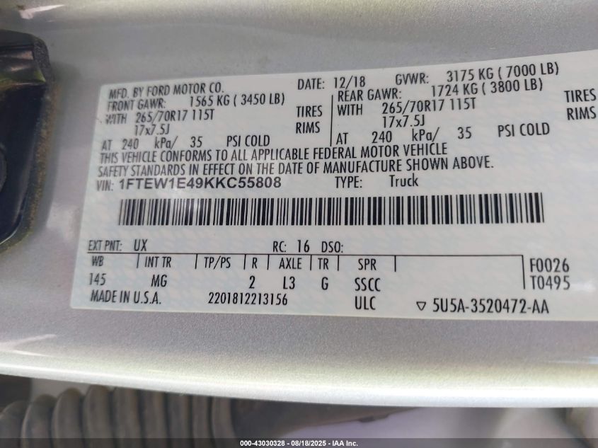 2019 Ford F-150 Xlt VIN: 1FTEW1E49KKC55808 Lot: 43030328