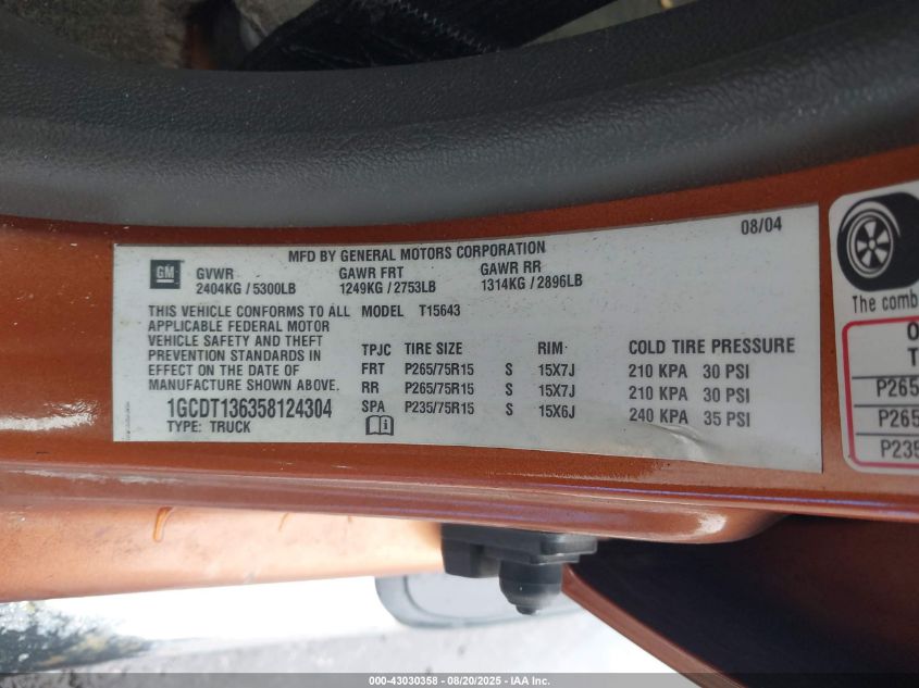 2005 Chevrolet Colorado Ls VIN: 1GCDT136358124304 Lot: 43030358