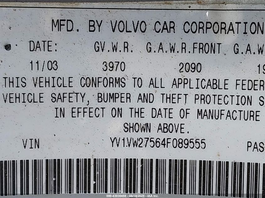 2004 Volvo V40 A/Lse VIN: YV1VW27564F089555 Lot: 43030458