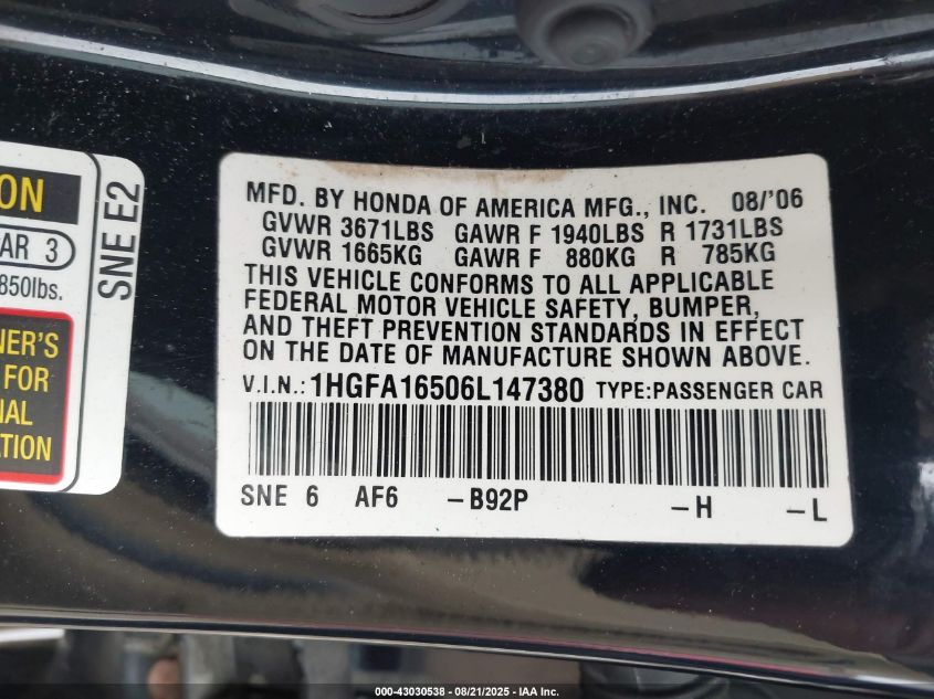 2006 Honda Civic Lx VIN: 1HGFA16506L147380 Lot: 43030538