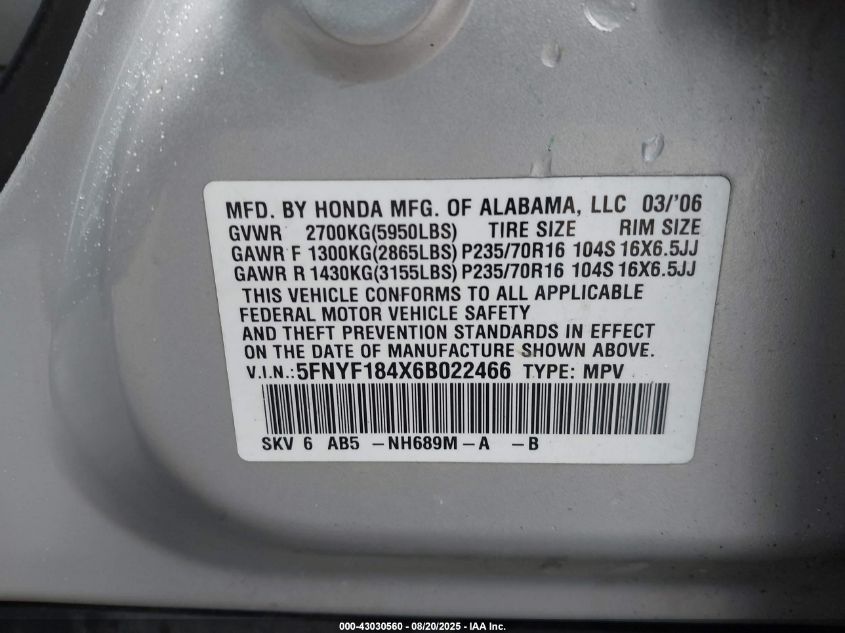 2006 Honda Pilot Ex VIN: 5FNYF184X6B022466 Lot: 43030560