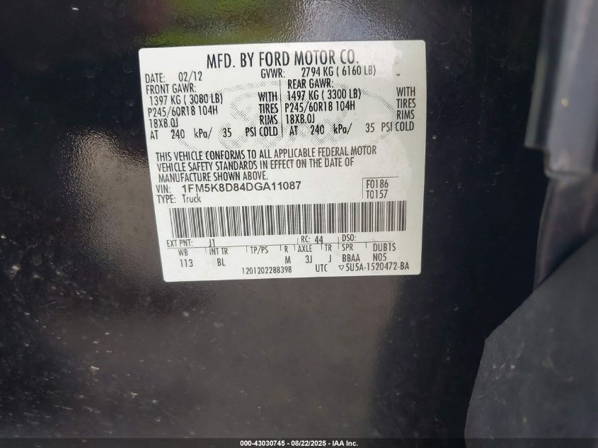 2013 Ford Explorer Xlt VIN: 1FM5K8D84DGA11087 Lot: 43030745