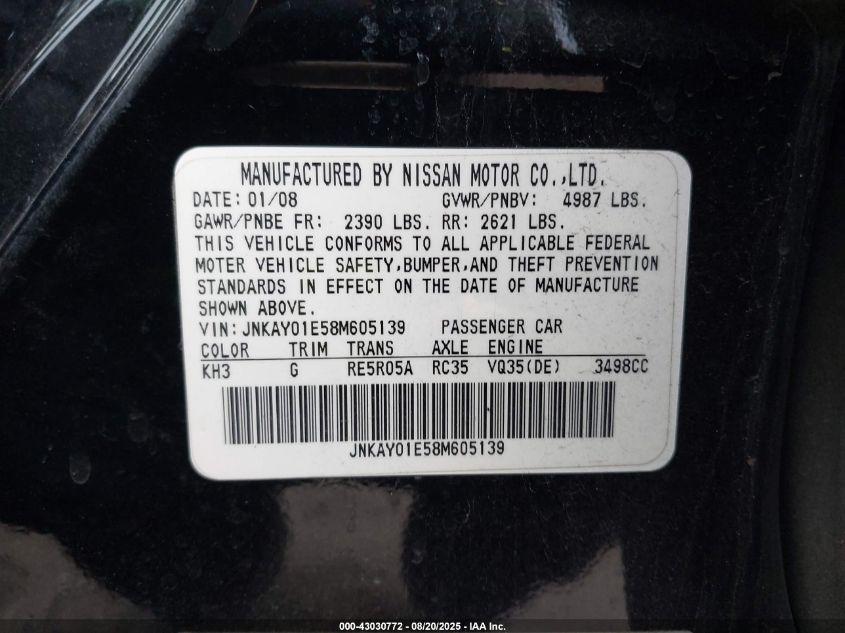 2008 Infiniti M35 Sport VIN: JNKAY01E58M605139 Lot: 43030772