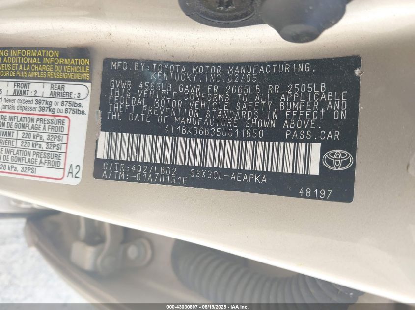 2005 Toyota Avalon Limited VIN: 4T1BK36B35U011650 Lot: 43030807