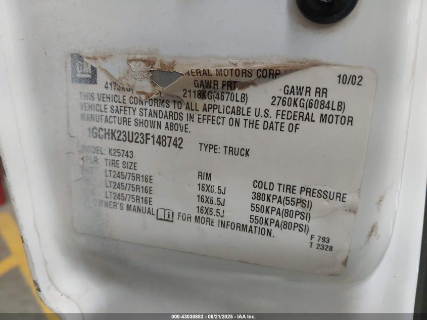 2003 Chevrolet Silverado 2500Hd Ls VIN: 1GCHK23U23F148742 Lot: 43030883