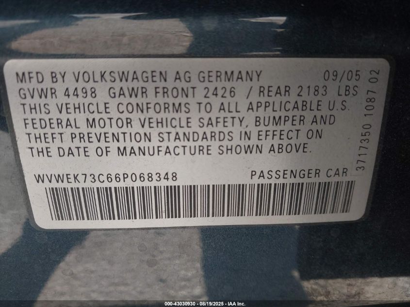 2006 Volkswagen Passat 2.0T VIN: WVWEK73C66P068348 Lot: 43030930