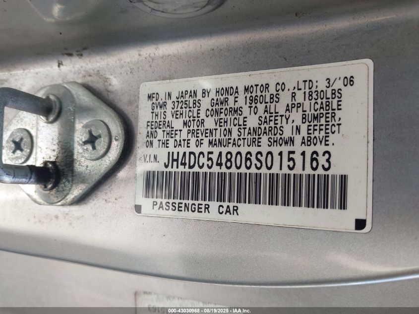 2006 Acura Rsx VIN: JH4DC54806S015163 Lot: 43030968