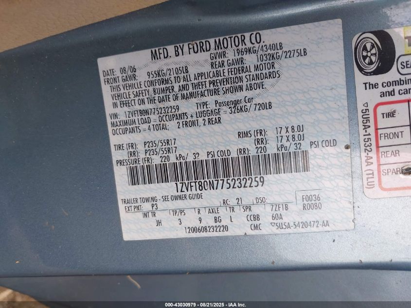 2007 Ford Mustang V6 Deluxe/V6 Premium VIN: 1ZVFT80N775232259 Lot: 43030979