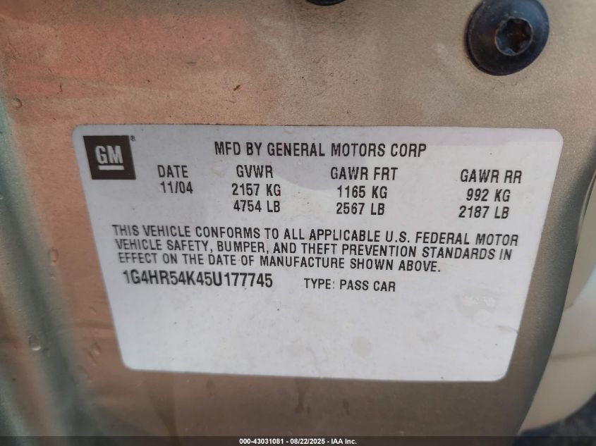 2005 Buick Lesabre Limited VIN: 1G4HR54K45U177745 Lot: 43031081