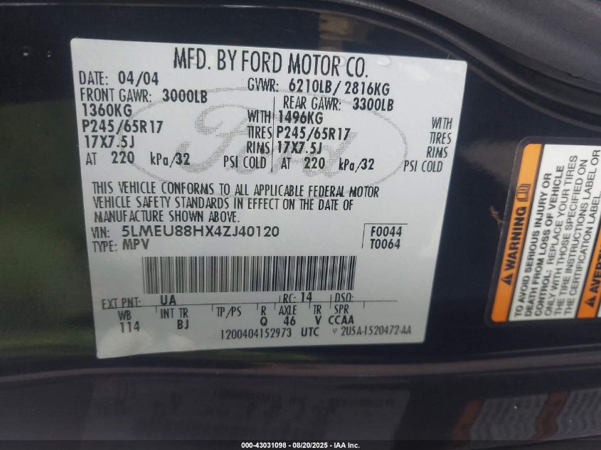 2004 Lincoln Aviator VIN: 5LMEU88HX4ZJ40120 Lot: 43031098