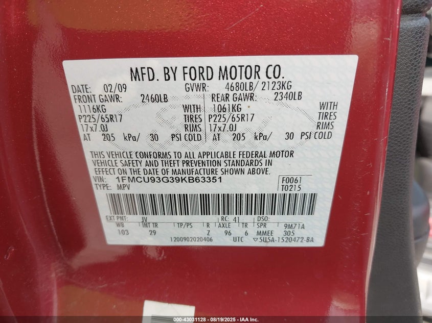 1FMCU93G39KB63351 2009 FORD ESCAPE photo no. 9