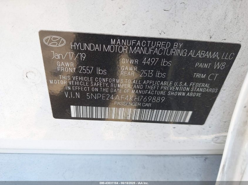2019 Hyundai Sonata Se VIN: 5NPE24AF4KH769889 Lot: 43031184