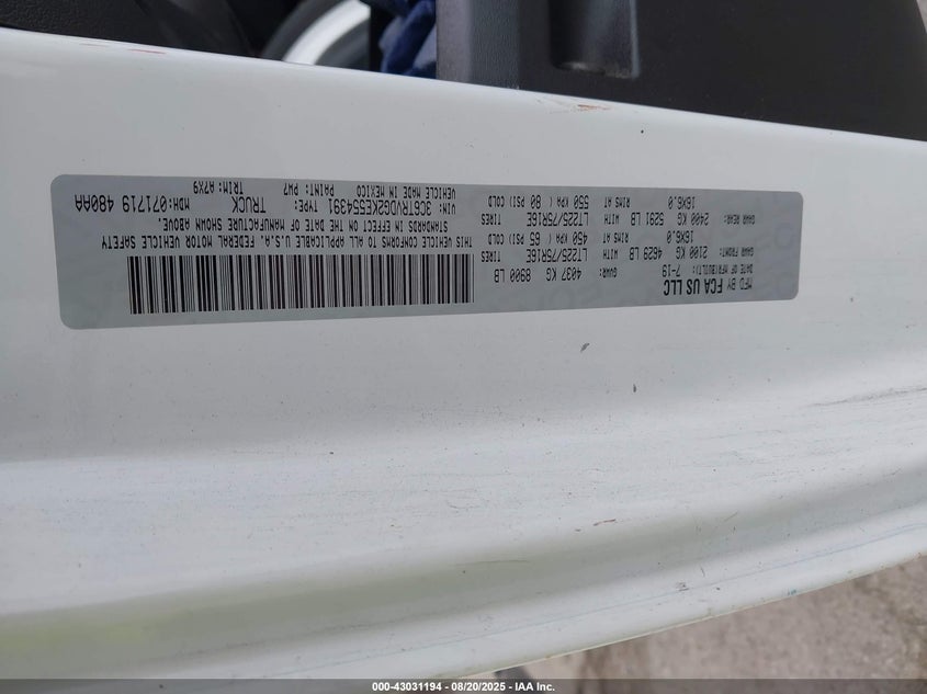 VIN 3C6TRVDG2KE554391 2019 RAM PROMASTER 2500 HIGH ROOF 159 WB