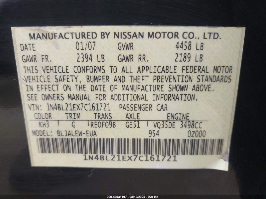 2007 Nissan Altima 3.5 Sl VIN: 1N4BL21EX7C161721 Lot: 43031197