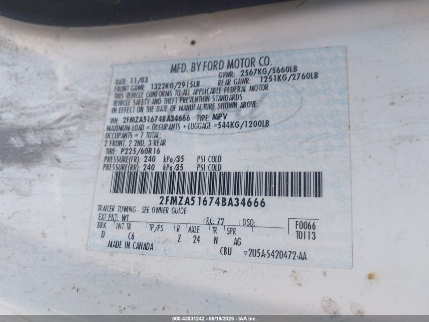 2004 Ford Freestar Se VIN: 2FMZA51674BA34666 Lot: 43031242