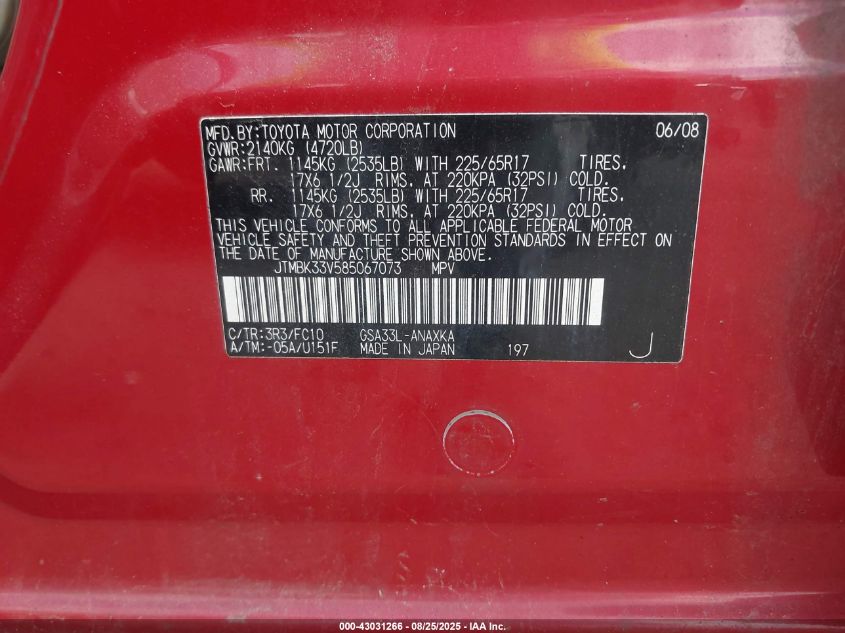 2008 Toyota Rav4 Base V6 VIN: JTMBK33V585067073 Lot: 43031266