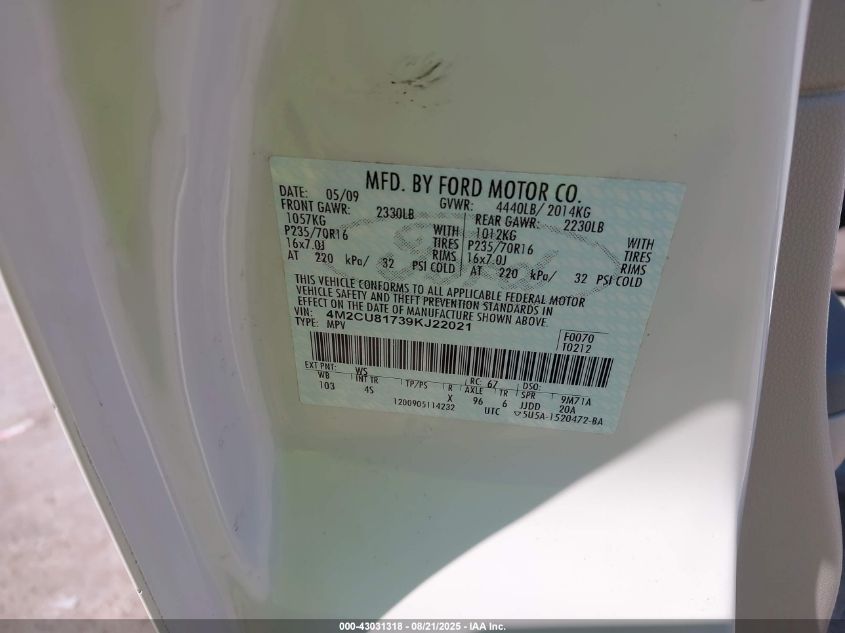 2009 Mercury Mariner I4 VIN: 4M2CU81739KJ22021 Lot: 43031318