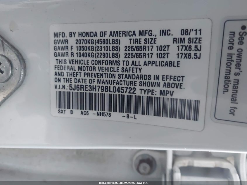 2011 Honda Cr-V Ex-L VIN: 5J6RE3H79BL045722 Lot: 43031435