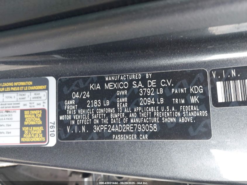 2024 Kia Forte Lxs VIN: 3KPF24AD2RE793058 Lot: 43031444